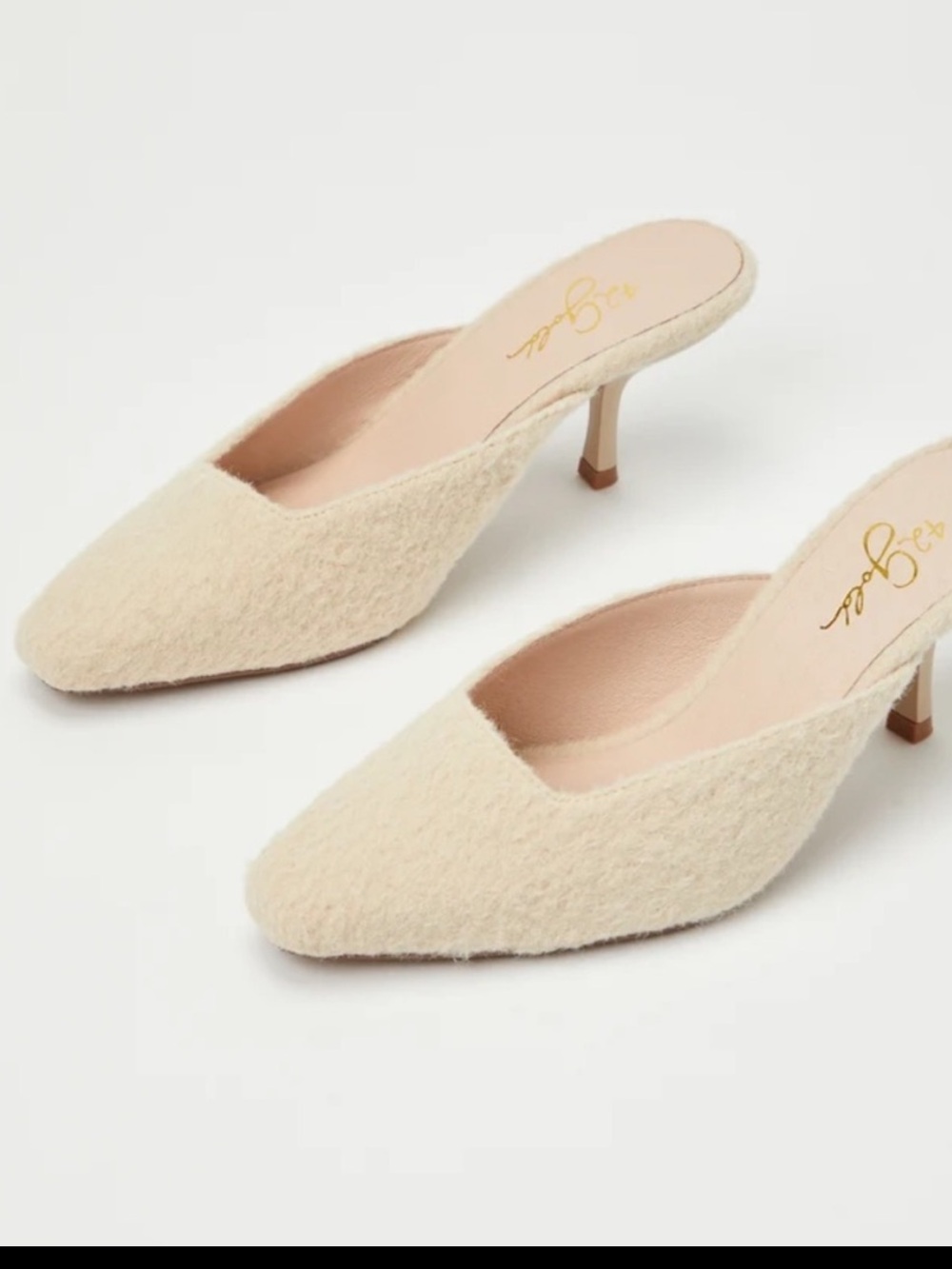 Lulu's 42 Gold Cream Mohair Mule Pumps - Low Kitten Heel